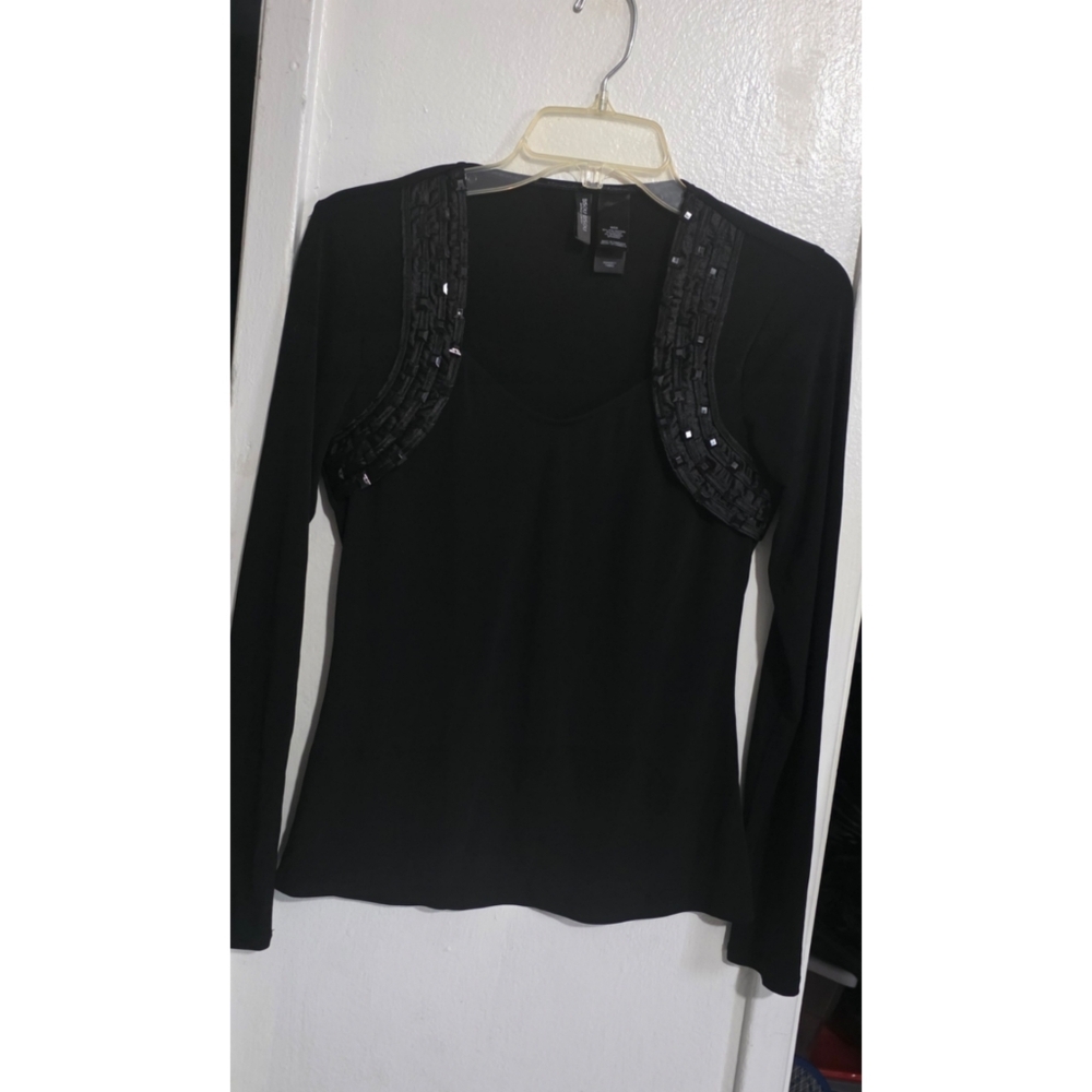 Bisou Bisou Black Long Sleeve Top with Embellished Shoulders